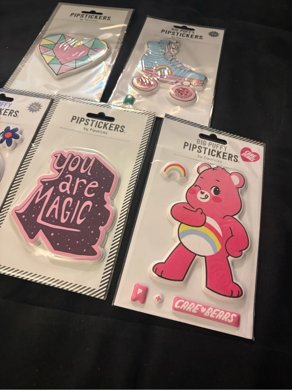 Pipsticks 5 big puffy puffies stickers Care Bears magic roller skate